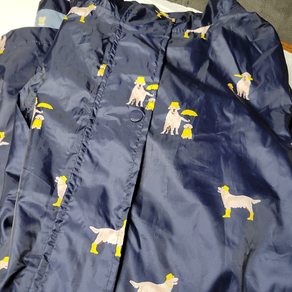 Joules Right as Rain Navy Blue Dog Print Hooded Raincoat Jacket US Size 12